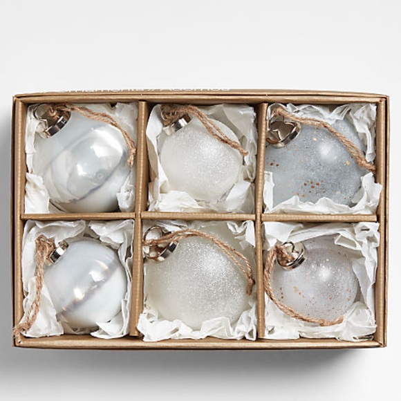 New! Crate&Barrel Winter White Glass Holiday Ornaments Set of 6